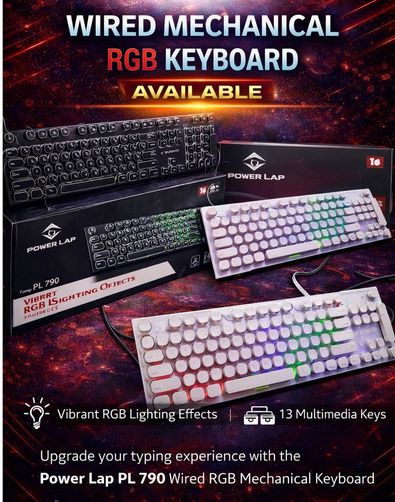POWER LAP® PL-790 Wired Mechanical Keyboard Retro Style • RGB Lighting • Full-Size 108 Keys